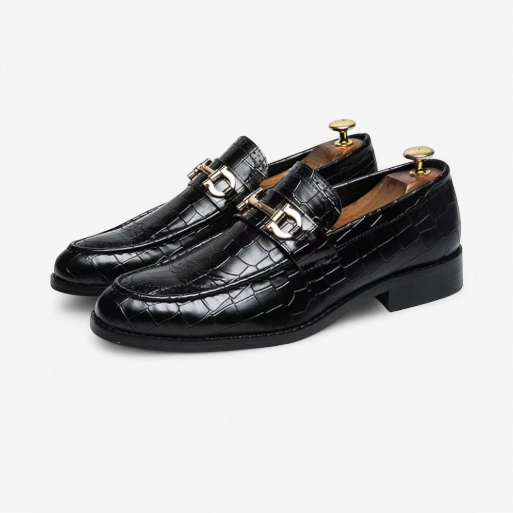 Men's Black and Gold Patent Loafers