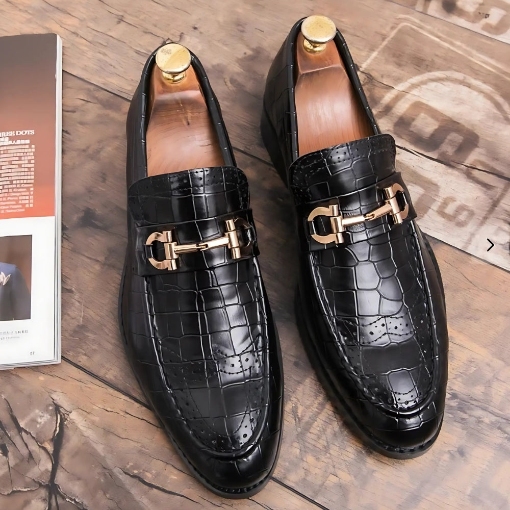 Men's Black and Gold Patent Loafers