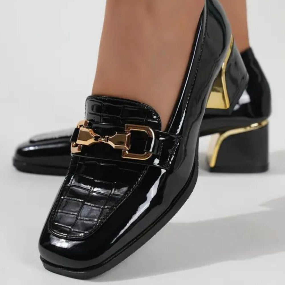 Women's Black Patent Loafers with Buckles