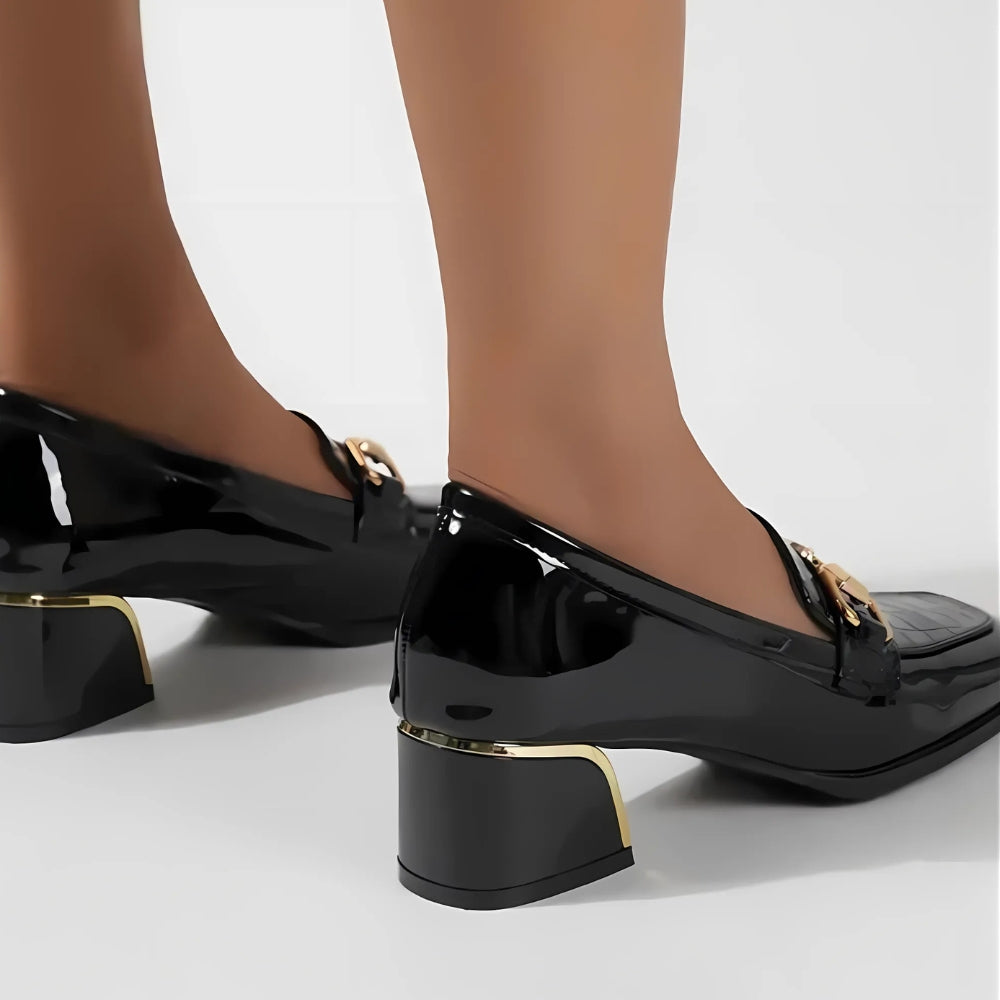 Women's Black Patent Loafers with Buckles