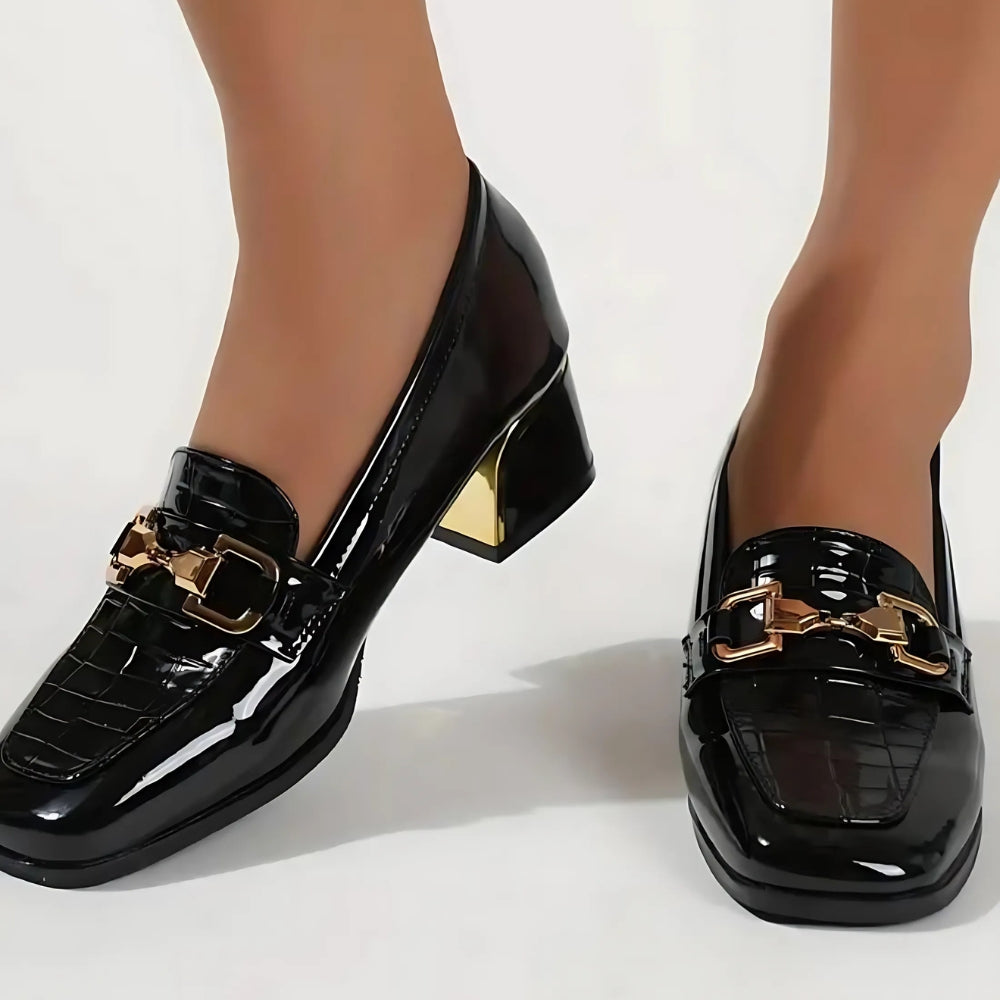 Women's Black Patent Loafers with Buckles