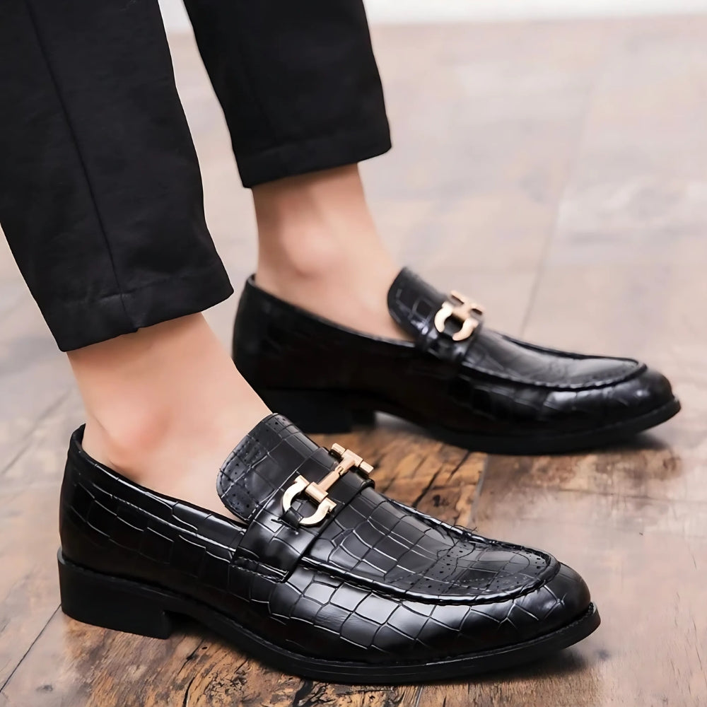 Men's Black and Gold Patent Loafers