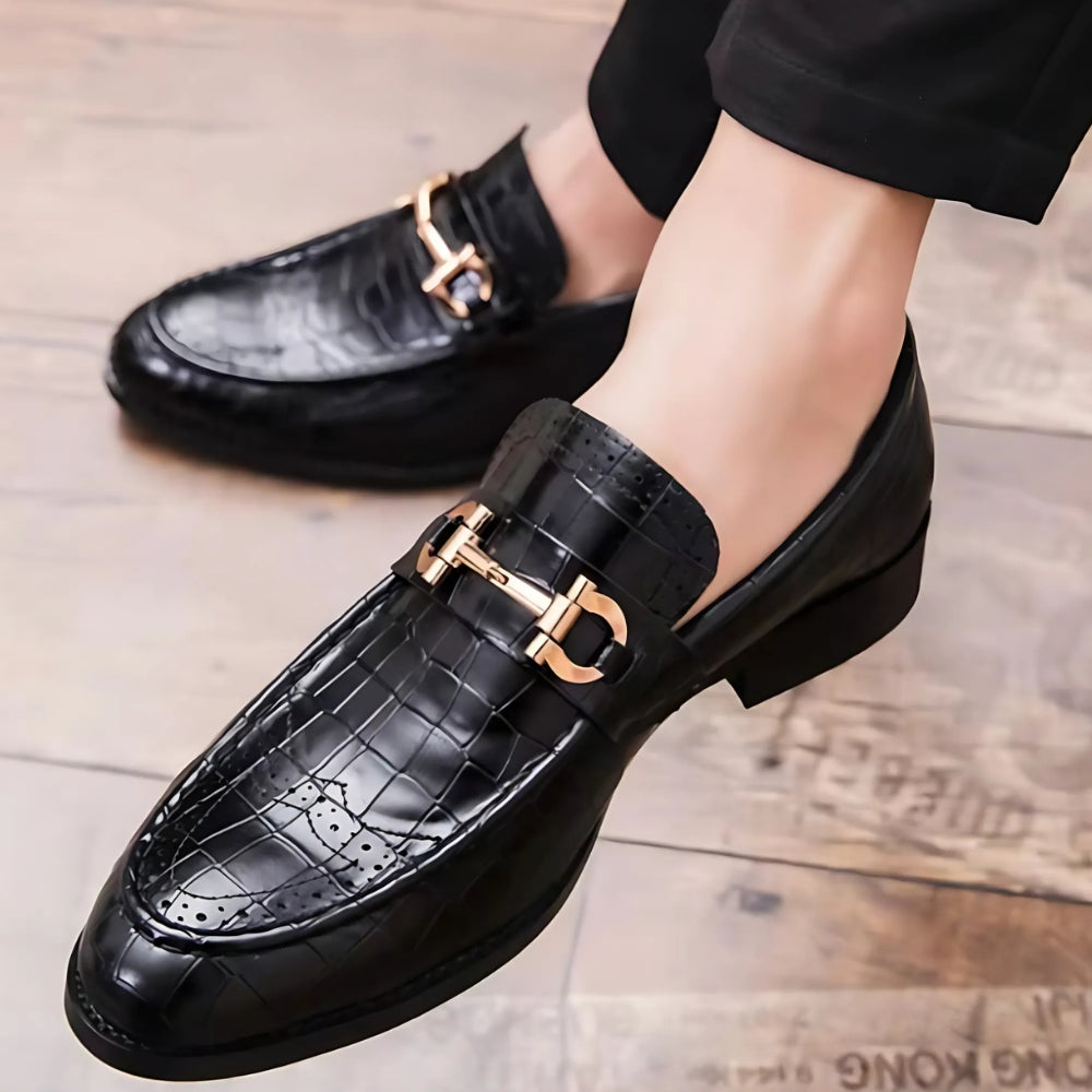 Men's Black and Gold Patent Loafers
