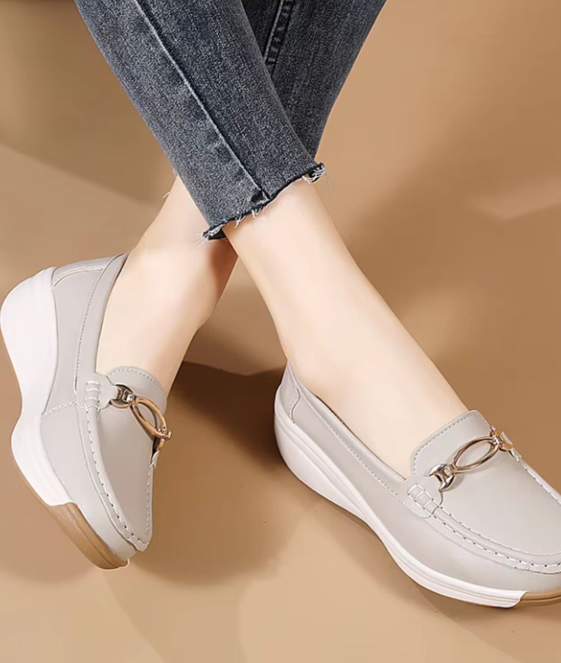 Women's Wedge Open-toe Loafers with Golden Buckle Details