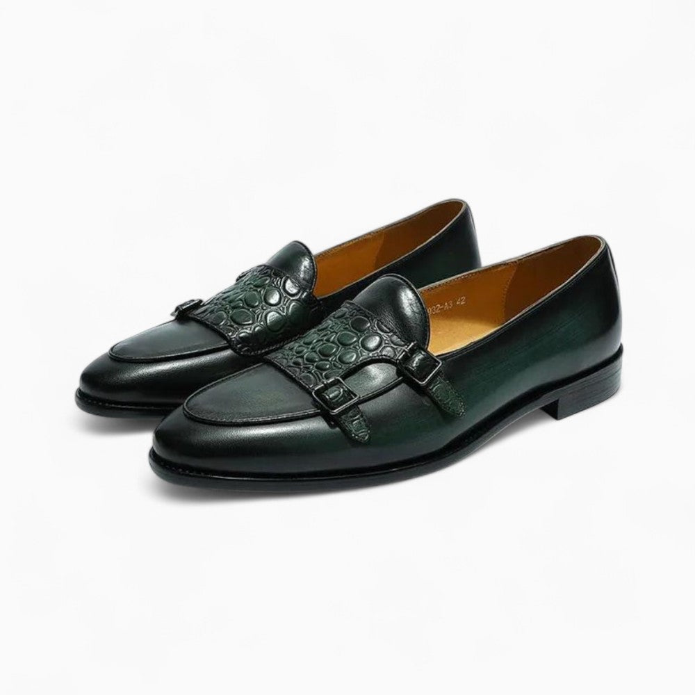 Men's Green Pointed Crocodile Effect Leather Loafers